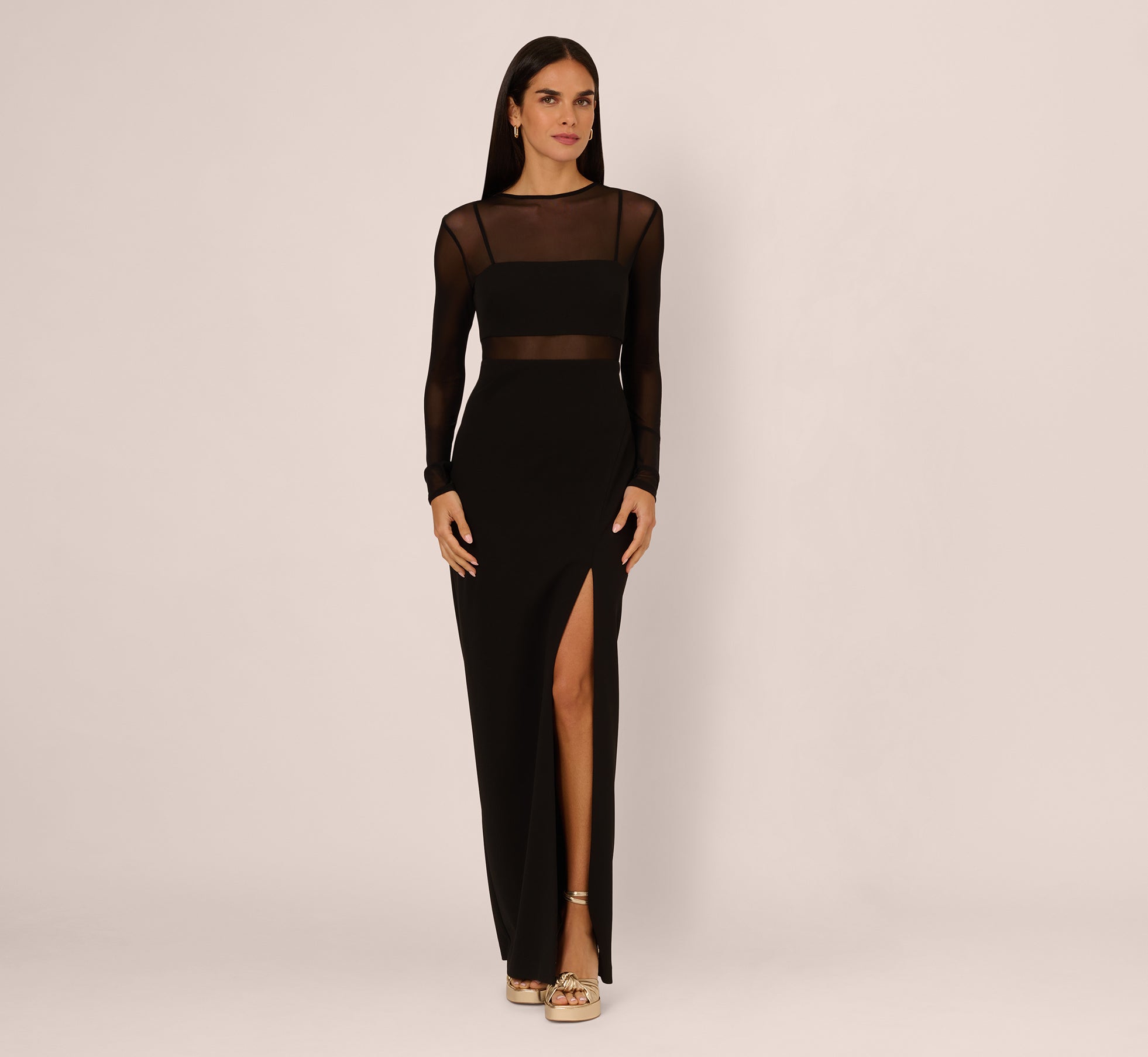 Black Long Sleeve Knit Crepe Mesh Illusion Column Dress - Adrianna Papell Black Long Sleeve Knit Crepe Mesh Illusion Column Dress - Adrianna Papell