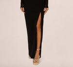 Long Sleeve Knit Crepe Mesh Illusion Column Dress In Black 3