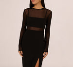 Long Sleeve Knit Crepe Mesh Illusion Column Dress In Black 4
