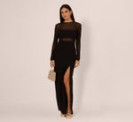 Long Sleeve Knit Crepe Mesh Illusion Column Dress In Black 1