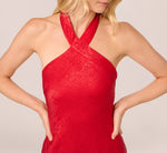 Foil Woven Halter Midi Dress In Red 4