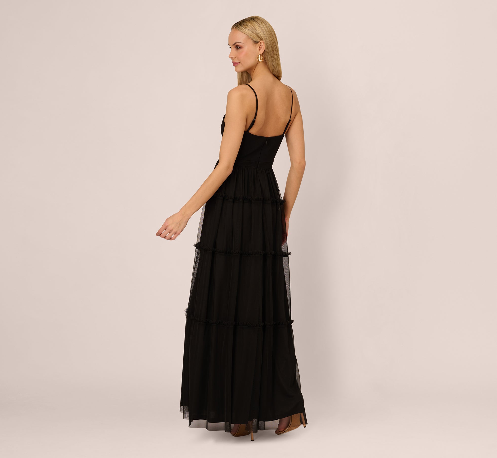Black Sleeveless Notch Neck Tiered Mesh Gown