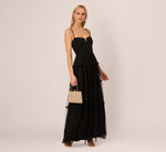 Sleeveless Notch Neck Tiered Mesh Gown In Black 2