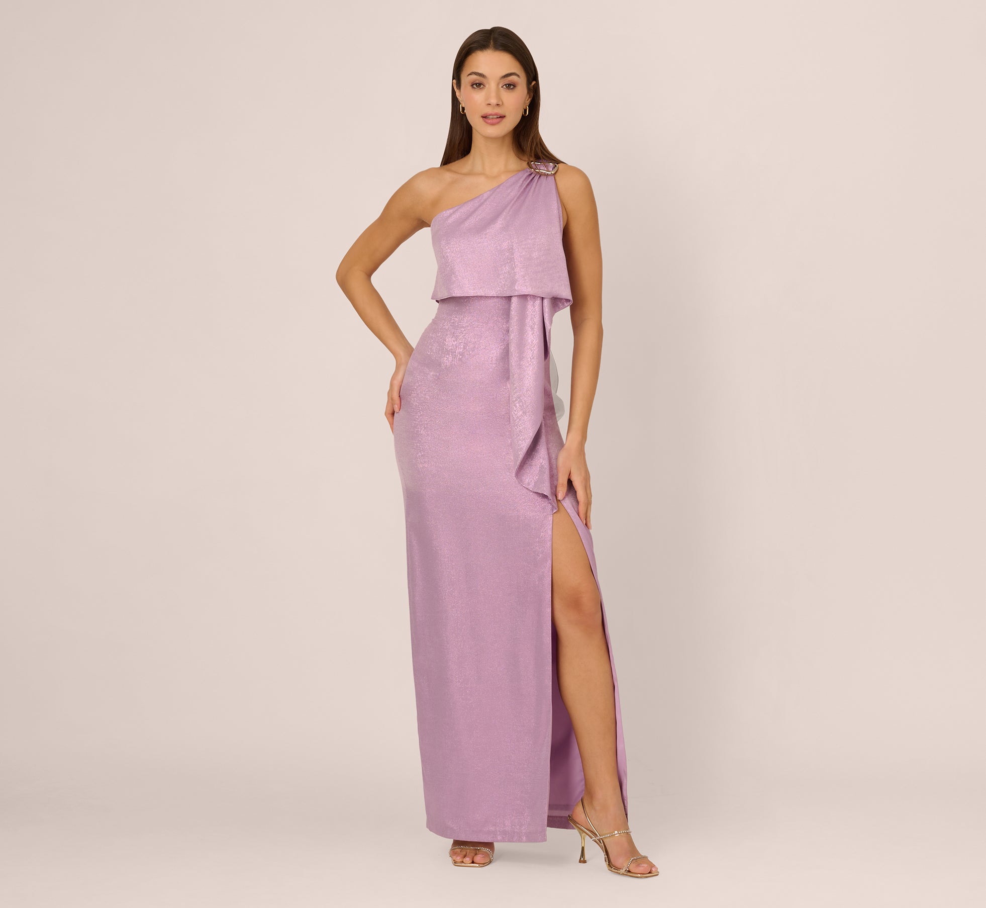 one shoulder dress purple One Shoulder Foil Draped Popover Gown In Light Purple