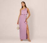 One Shoulder Foil Draped Popover Gown In Light Purple 1