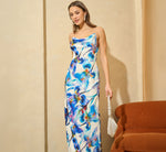 Embellished Strap Floral Satin Slip Dress In Blue Ivory Multi 1