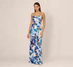 Embellished Strap Floral Satin Slip Dress In Blue Ivory Multi 3