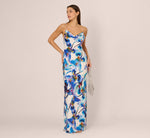 Embellished Strap Floral Satin Slip Dress In Blue Ivory Multi 2