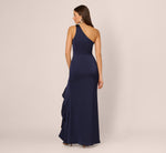 One Shoulder Satin Floral Applique Gown In Dark Navy 5