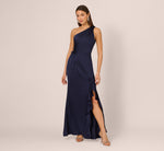One Shoulder Satin Floral Applique Gown In Dark Navy 2