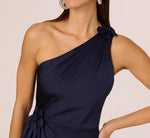 One Shoulder Satin Floral Applique Gown In Dark Navy 3
