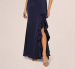 One Shoulder Satin Floral Applique Gown In Dark Navy 4