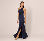 One Shoulder Satin Floral Applique Gown In Dark Navy 1