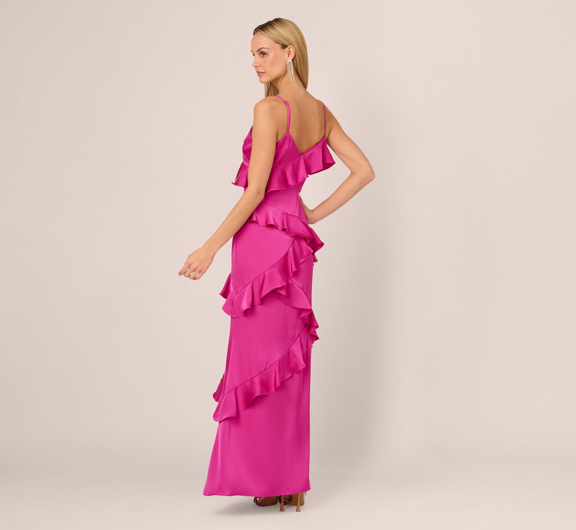 Pink Satin Cascade Ruffle Slip Gown