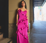 Satin Cascade Ruffle Slip Gown In Electric Passion 1