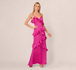Satin Cascade Ruffle Slip Gown In Electric Passion 3