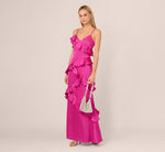 Satin Cascade Ruffle Slip Gown In Electric Passion 2