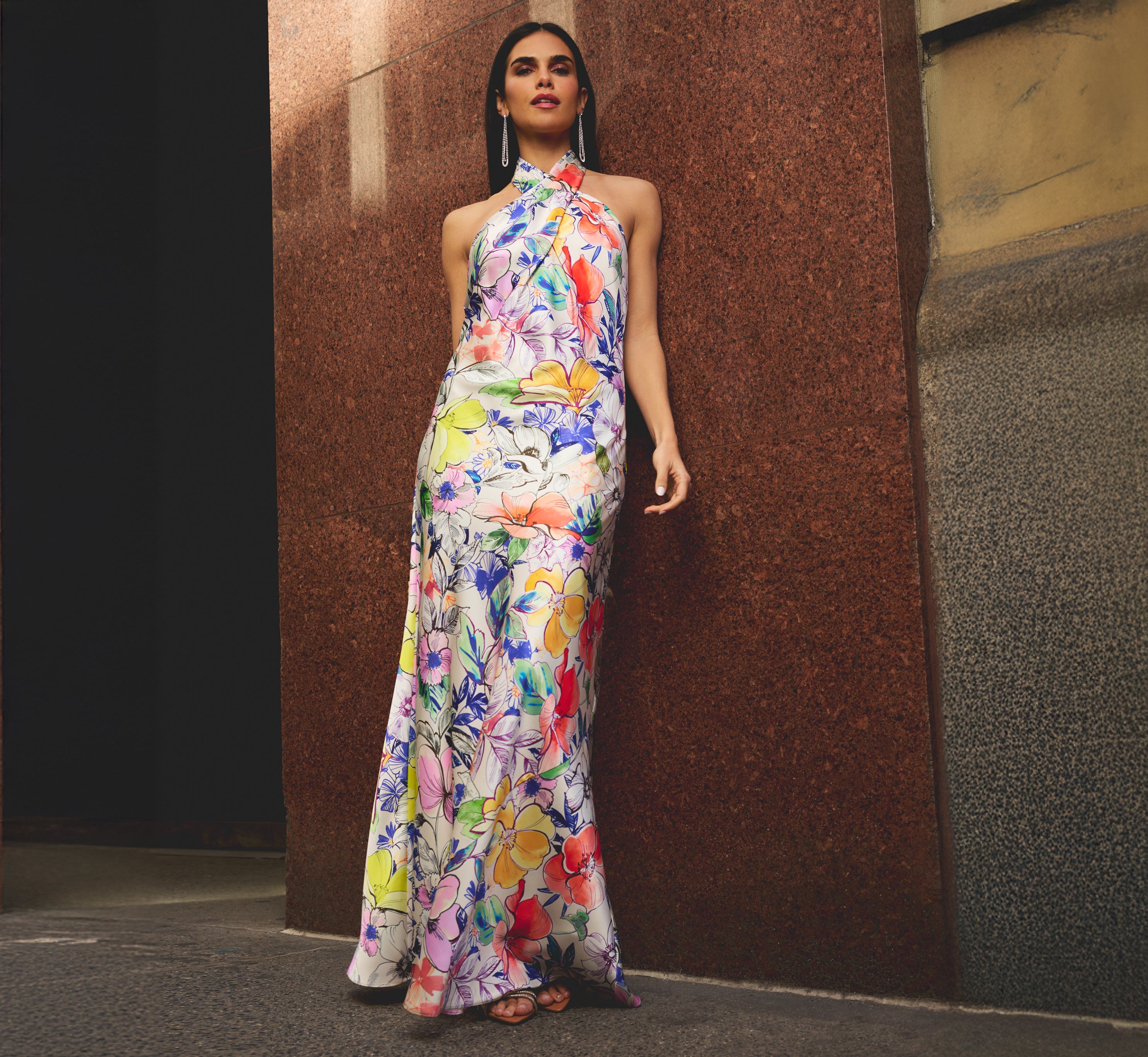 aidan mattox Bias Cut Floral Satin Halter Gown In Ivory Multi