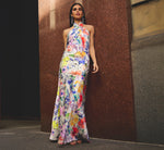 Bias Cut Floral Satin Halter Gown In Ivory Multi 1