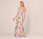 Bias Cut Floral Satin Halter Gown In Ivory Multi 3