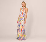 Bias Cut Floral Satin Halter Gown In Ivory Multi 2