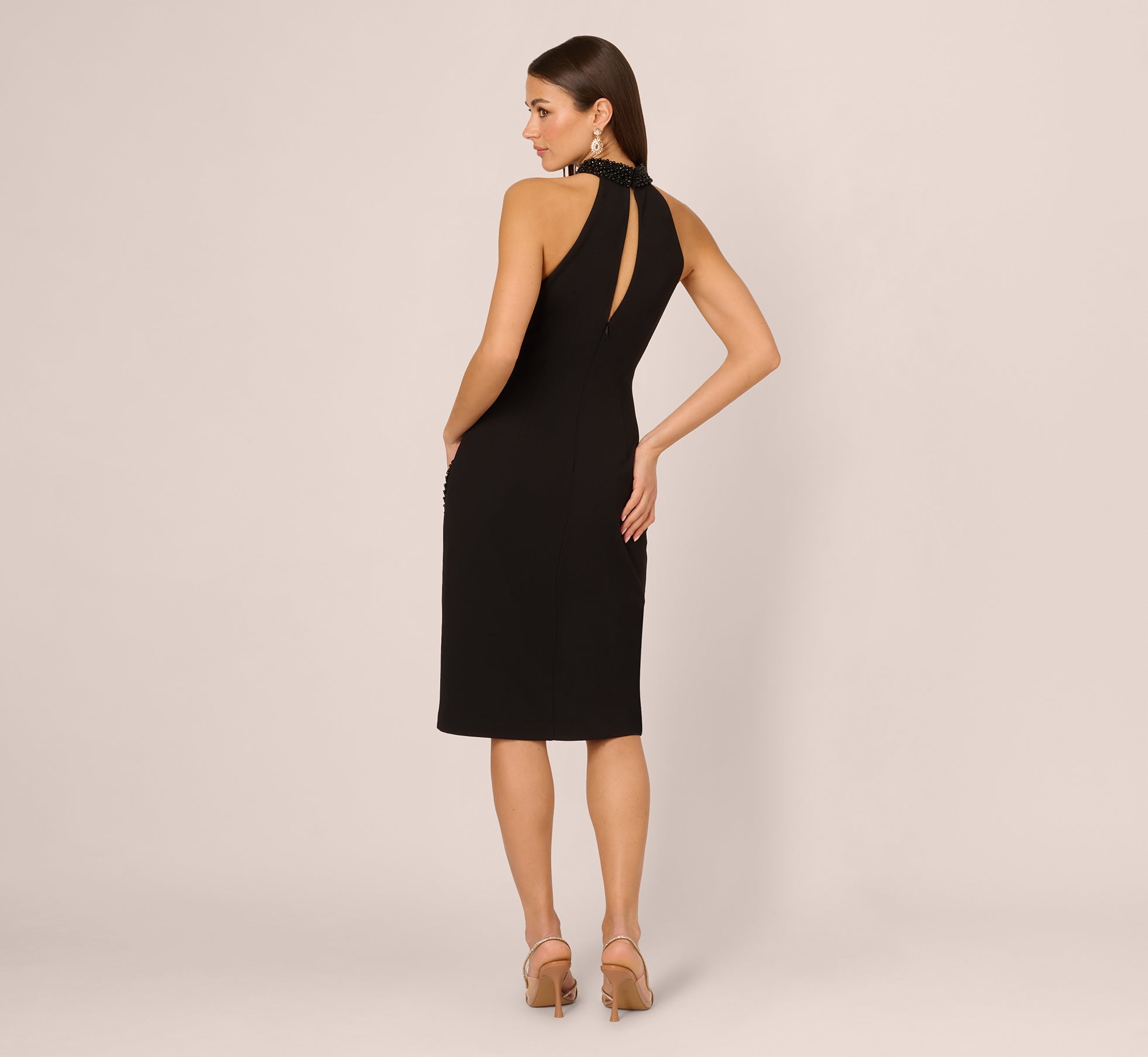 Black Beaded Detail Halter Midi Sheath Dress - Adrianna Papell Black Beaded Detail Halter Midi Sheath Dress - Adrianna Papell