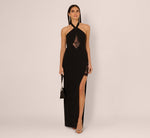 Lace Panel Cutout Halter Gown In Black 1
