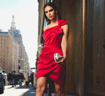 One Shoulder Satin Bow Cocktail Dress In Hot Pepper 1