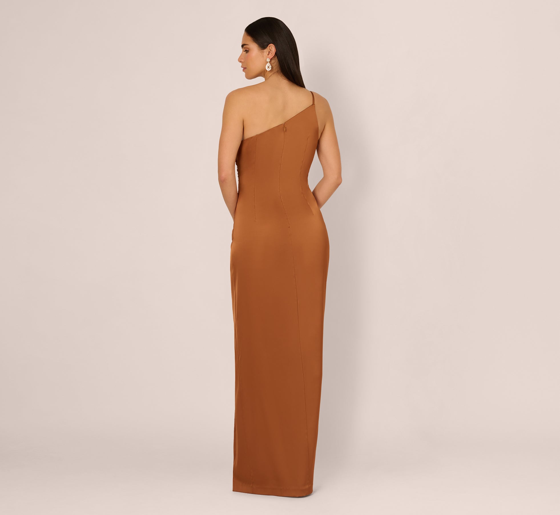 Orange One Shoulder Ruched Satin Gown - Adrianna Papell