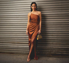 One Shoulder Ruched Satin Gown In Cinnamon, Cinnamon / Regular / 14