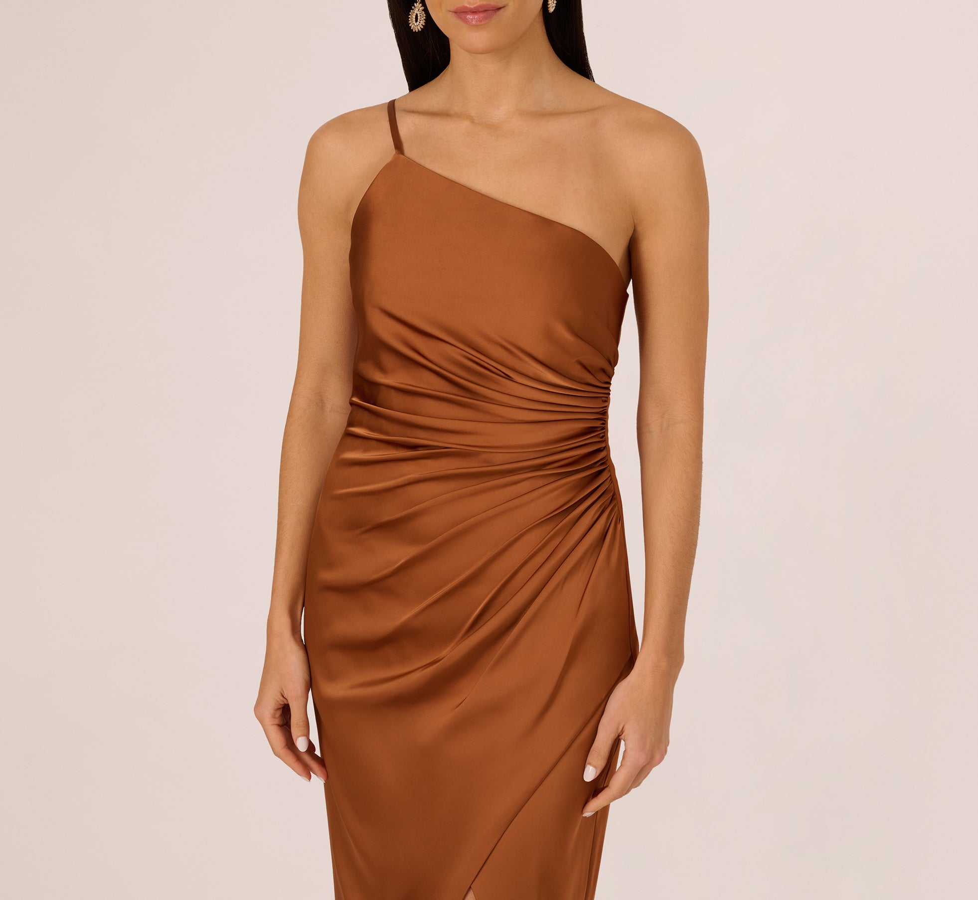 One Shoulder Ruched Satin Gown In Cinnamon - Adrianna Papell