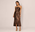 Foil Ruched Ruffle Halter Midi Dress In Cinnamon 2
