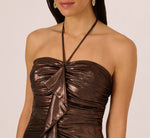 Foil Ruched Ruffle Halter Midi Dress In Cinnamon 3