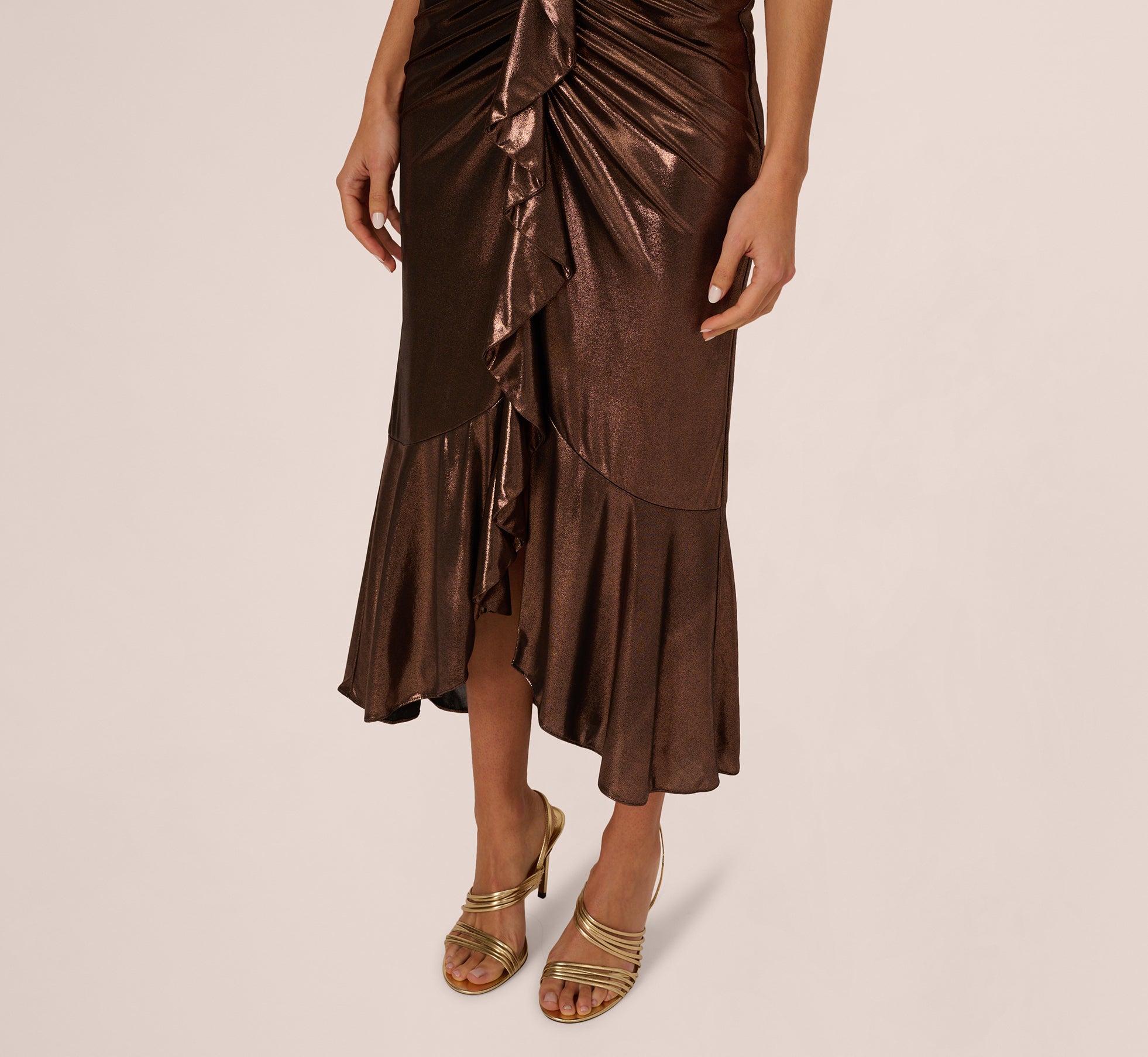 Cinnamon Foil Ruched Ruffle Halter Midi Dress