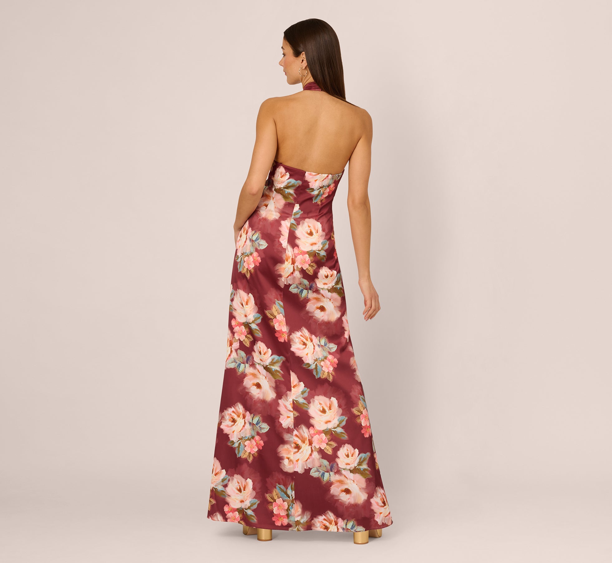 Brown Floral Satin Twist Waist Halter Gown