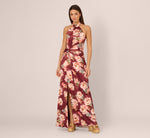 Floral Satin Twist Waist Halter Gown In Brown Multi 3