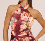 Floral Satin Twist Waist Halter Gown In Brown Multi 4