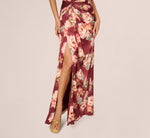 Floral Satin Twist Waist Halter Gown In Brown Multi 5