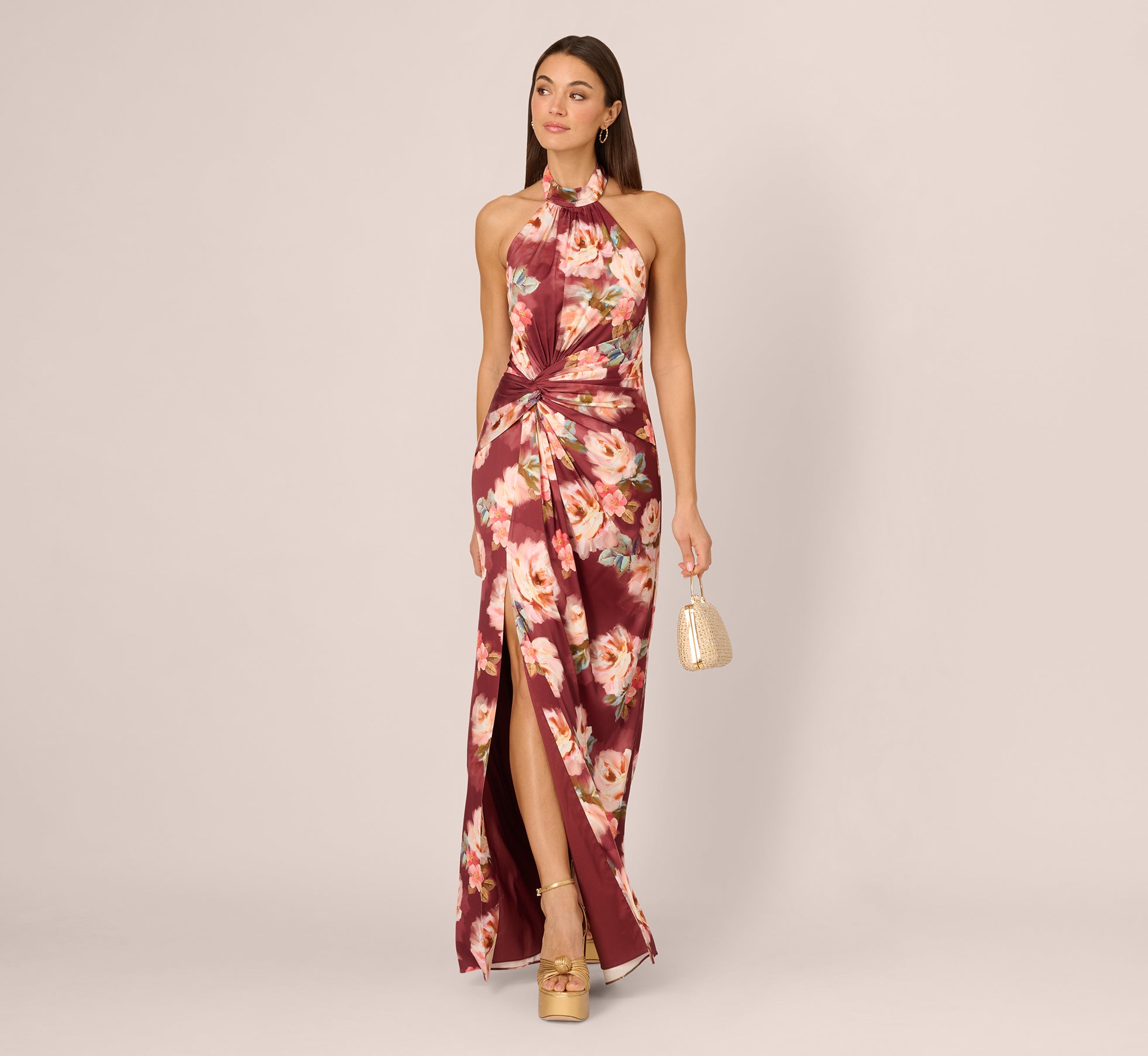 adrianna papell floral halter dress Brown Floral Satin Twist Waist Halter Gown