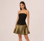 Strapless Drop Waist Belted Combo Cocktail Dress In Black Gold 2
