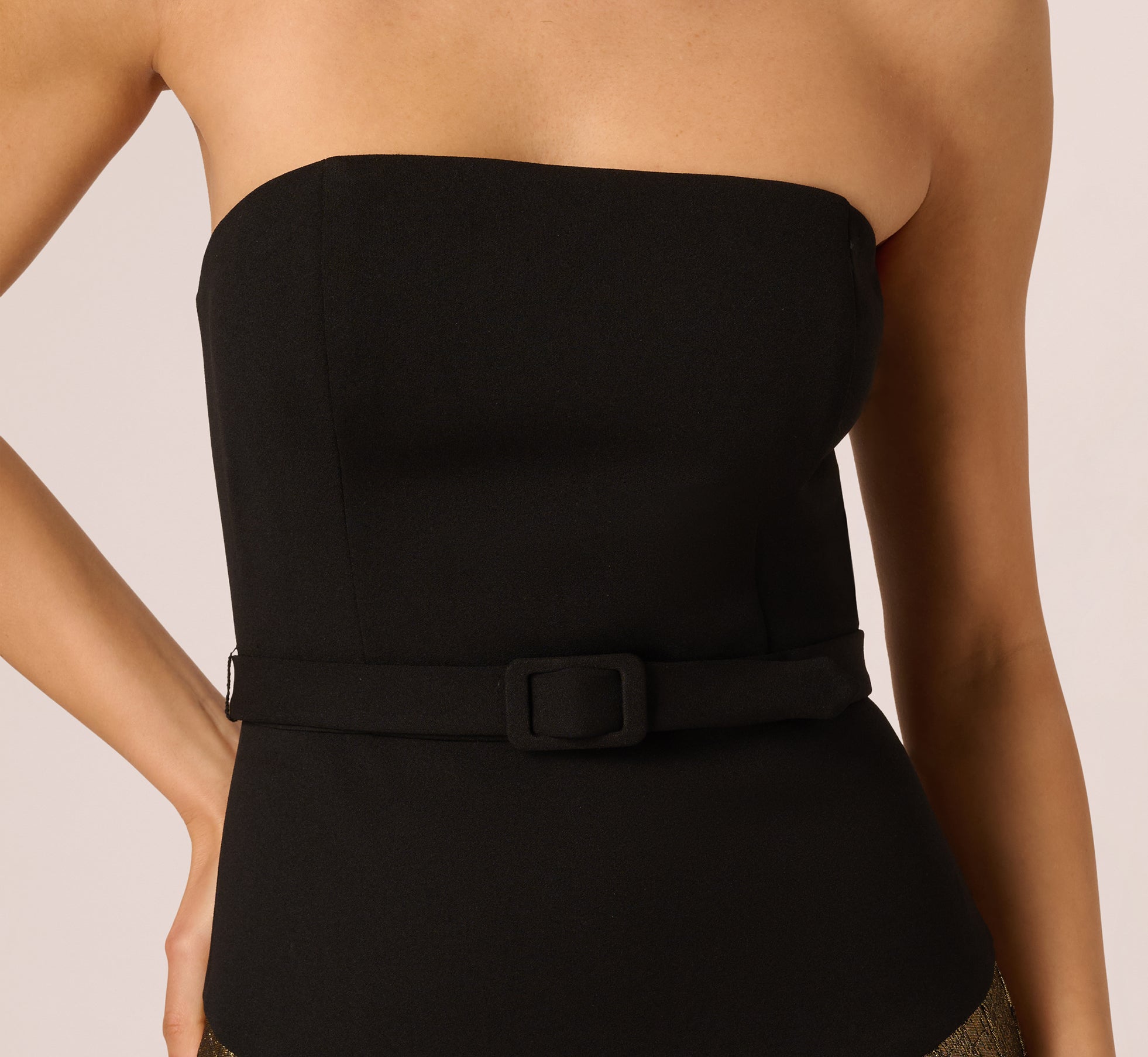 Black Strapless Drop Waist Belted Combo Cocktail Dress