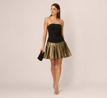 Strapless Drop Waist Belted Combo Cocktail Dress In Black Gold 1