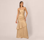 Strapless Foil Flounce Gown In Light Gold 2