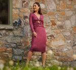 Long Sleeve Metallic Knit Midi Cocktail Dress In Crimson Haze 1