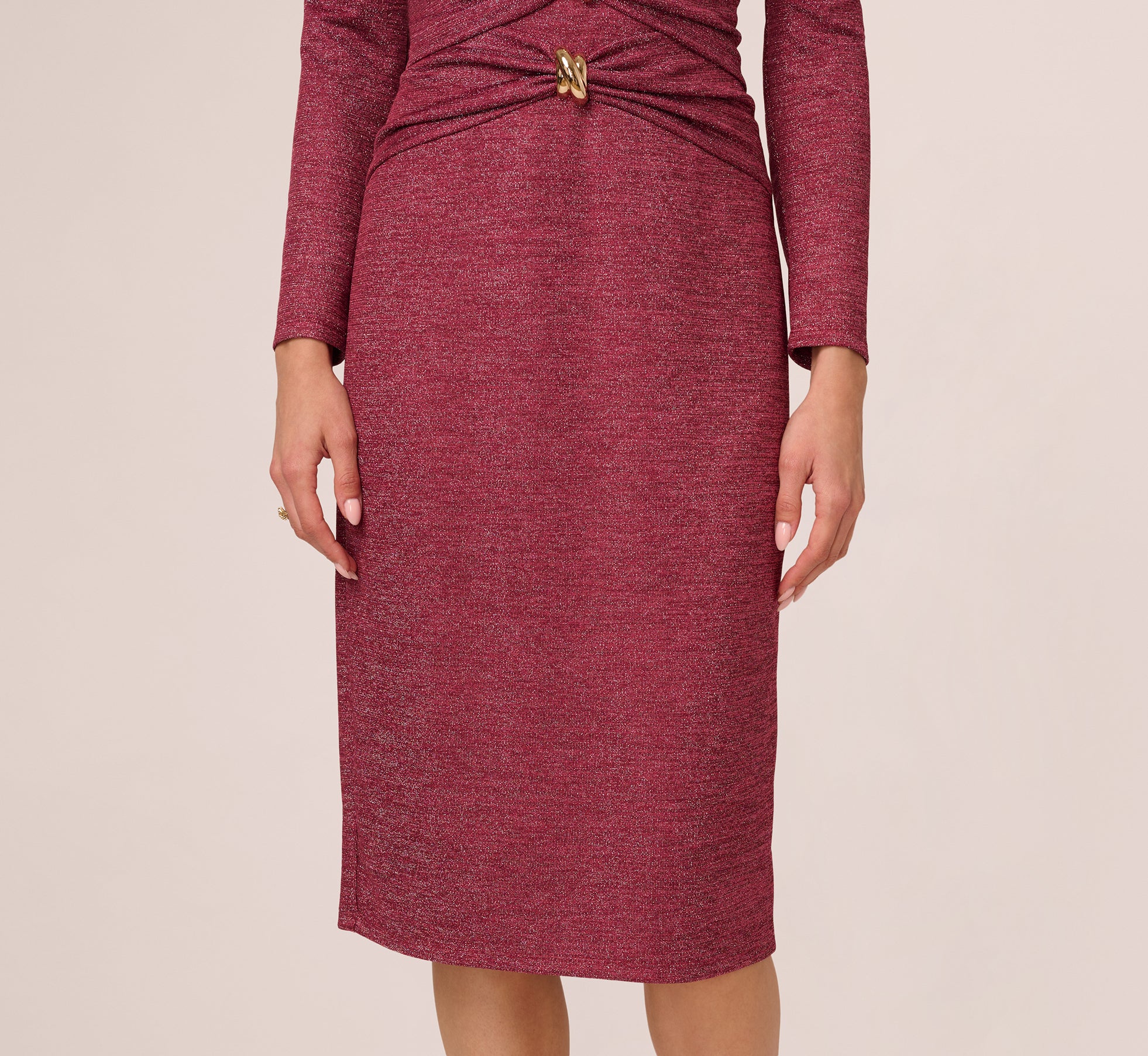 Long Sleeve Metallic Knit Midi Cocktail Dress In Crimson Haze 1