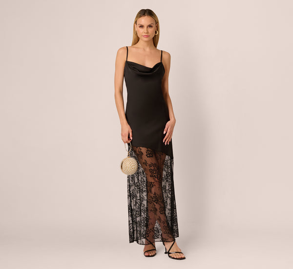 Sleeveless Satin Lace Maxi Gown In Black, Black / Regular / 20
