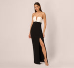 Strapless Plunge Color Block Gown In Black Ivory 3