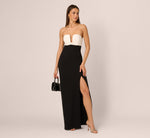 Strapless Plunge Color Block Gown In Black Ivory 2