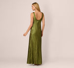 Sleeveless Bias Cut Foil Cowl Gown In Dark Olive 6