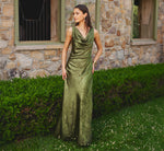 Sleeveless Bias Cut Foil Cowl Gown In Dark Olive 1